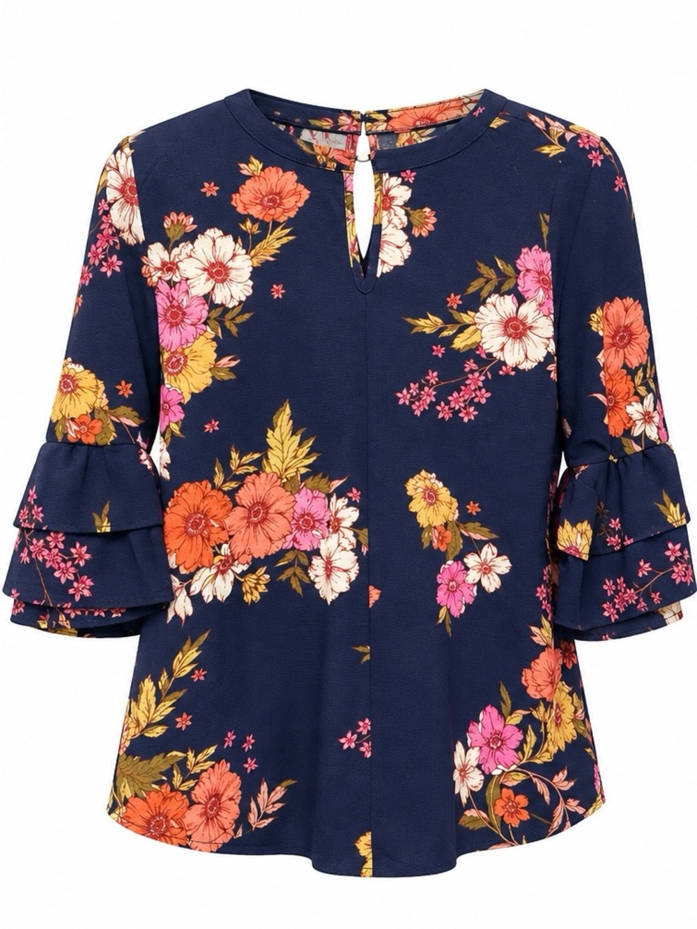 Navy Floral Ruffle Sleeve Blouse with Keyhole Neck